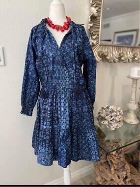 NWT Ralph Lauren Blue Patterned Long-Sleeve Dress with Eyelet Features